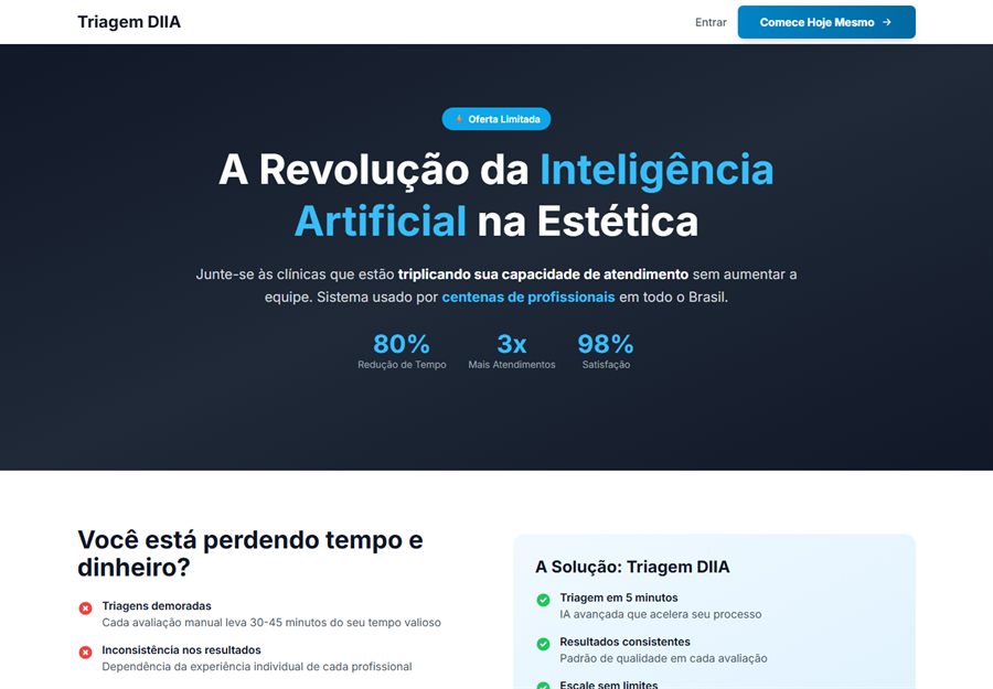 Site do Triagem DIIA, IA para clínicas de estética