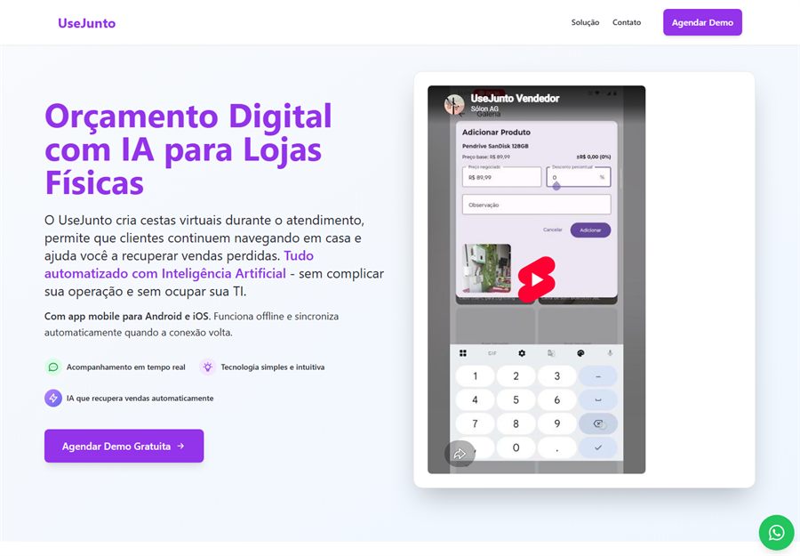 Site do UseJunto, orçamento digital com IA para lojas físicas