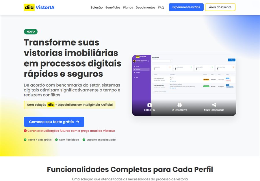 Tela do VistorIA mostrando o painel de vistorias imobiliárias